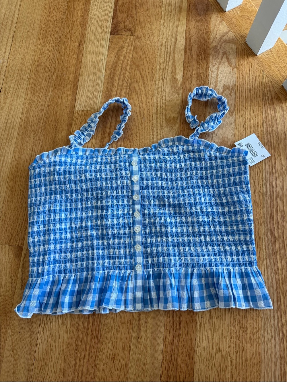 American Eagle Blue Gingham Smocked Button-Up Cami Crop Top Large